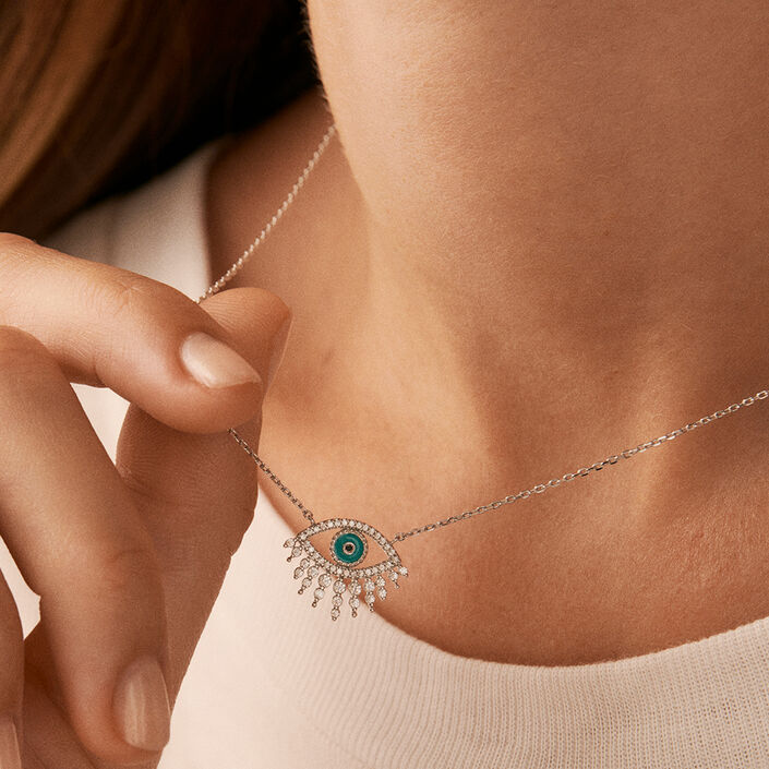 Mid-length necklace LUCKY EYE - Turquoise / Silver - All jewellery  | Agatha